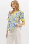 Blue + Yellow Scalloped Trim Blouse