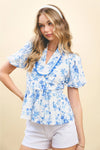 Blue Floral Scalloped Blouse