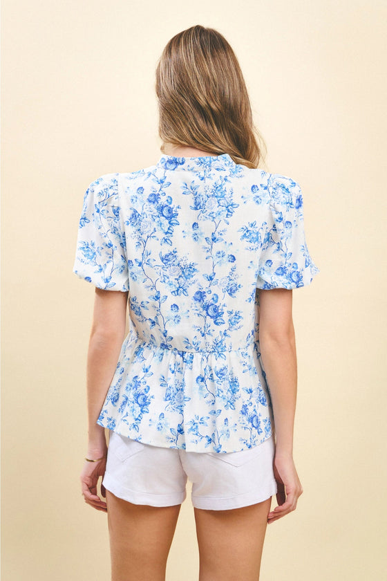 Blue Floral Scalloped Blouse