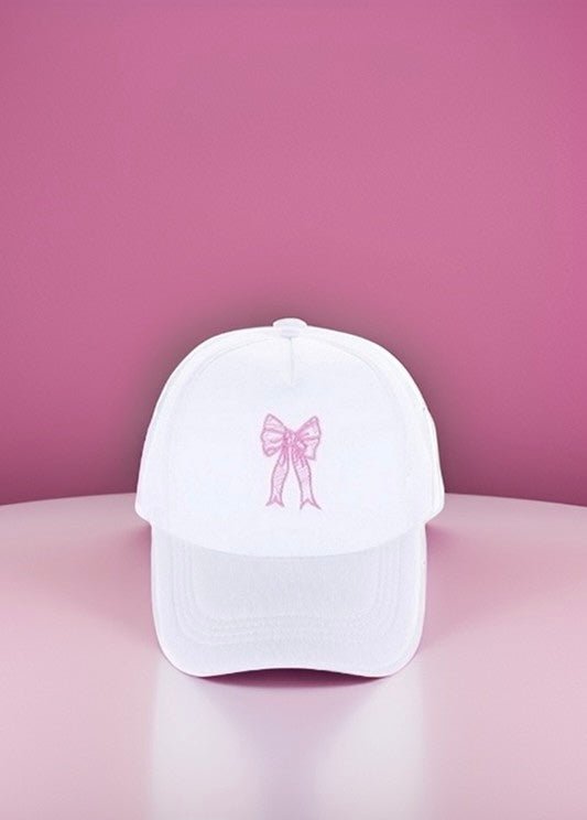 Coquette Ribbon Bow Embroidered Trucker Hat - White