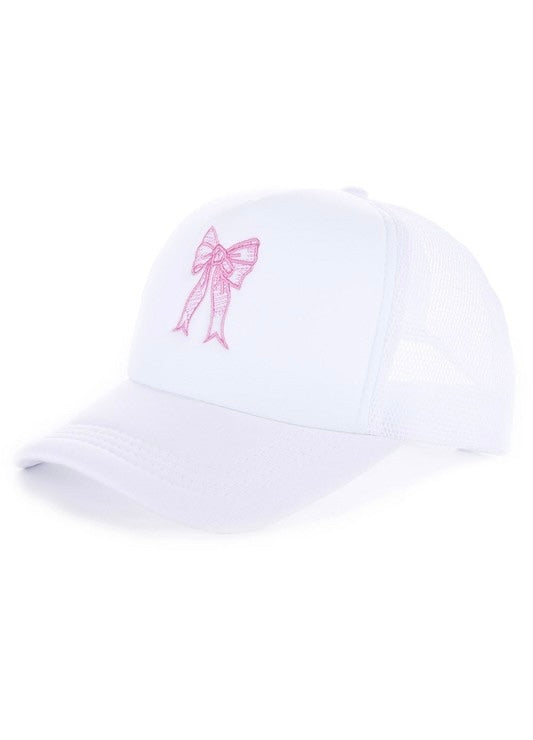 Coquette Ribbon Bow Embroidered Trucker Hat - White