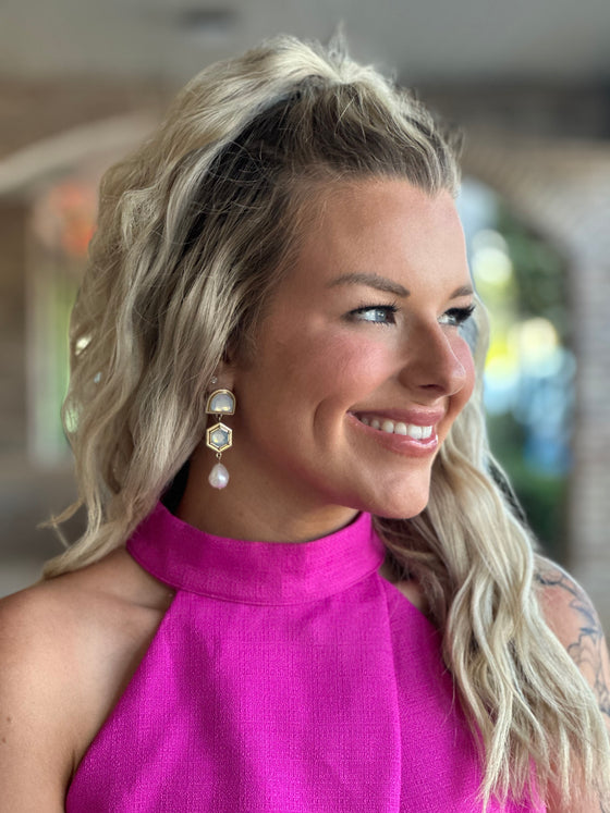 Hexagon Pearl Drop Earrings