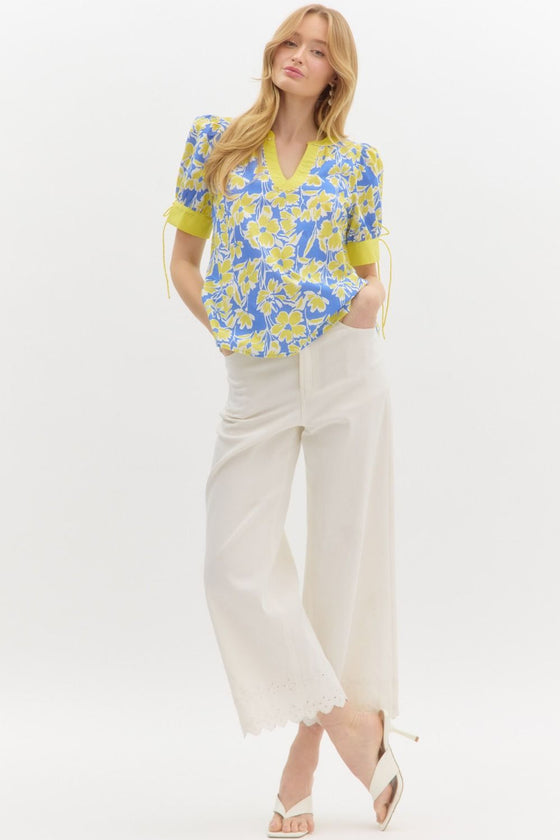 Blue + Yellow Scalloped Trim Blouse