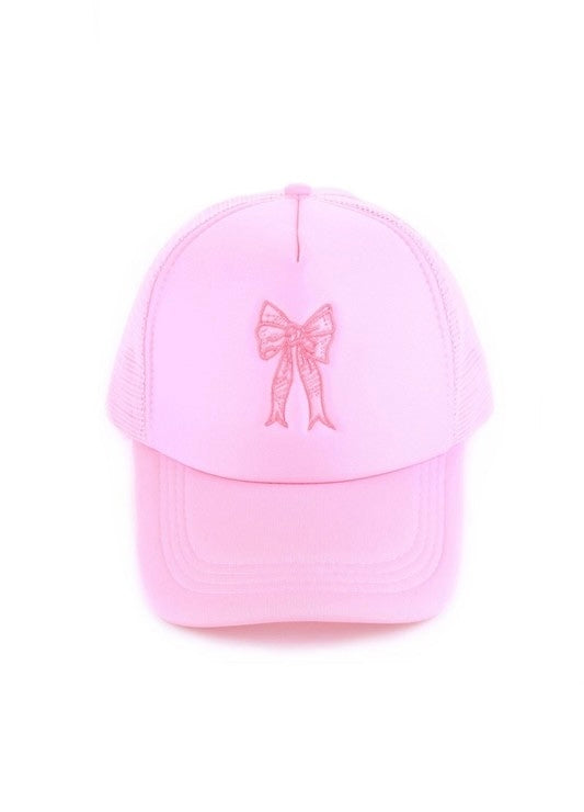 Coquette Ribbon Embroidered Bow Trucker Hat - Pink