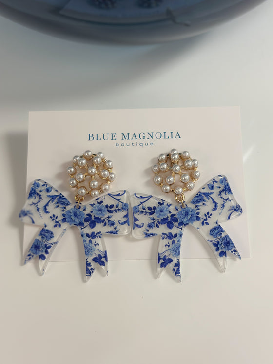 Blue Florals & Pearls Bow Earrings