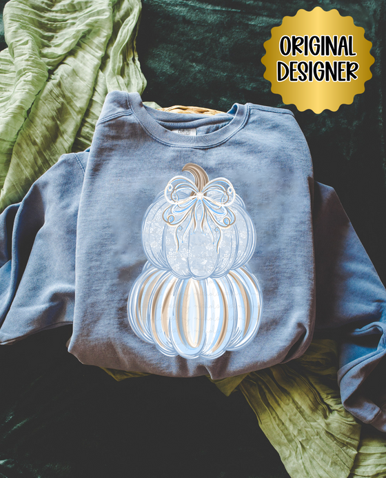 Blue/Tan/White Paint Smear Stacked Pimpkin w/ Bow