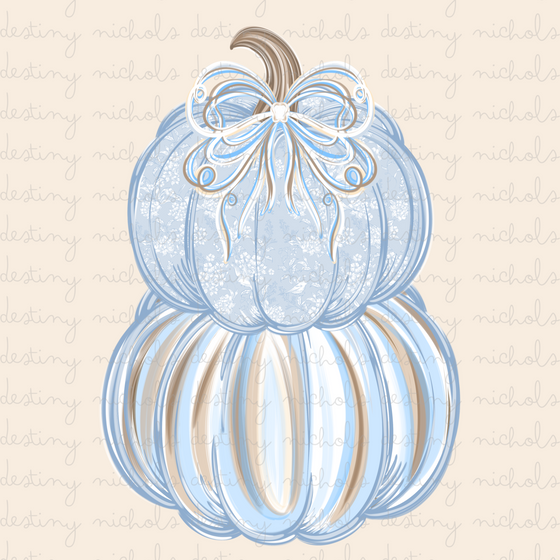 Blue/Tan/White Paint Smear Stacked Pimpkin w/ Bow