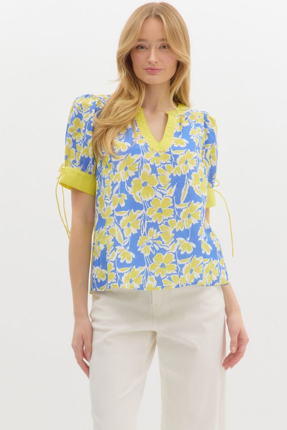 Blue + Yellow Scalloped Trim Blouse