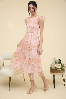  Pink Floral Tiered Maxi Dress