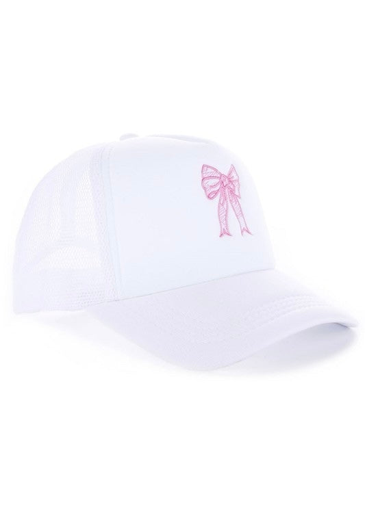 Coquette Ribbon Bow Embroidered Trucker Hat - White