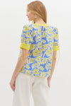 Blue + Yellow Scalloped Trim Blouse