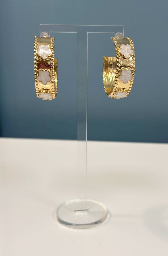 Clover Gold Hoop Earrings - White