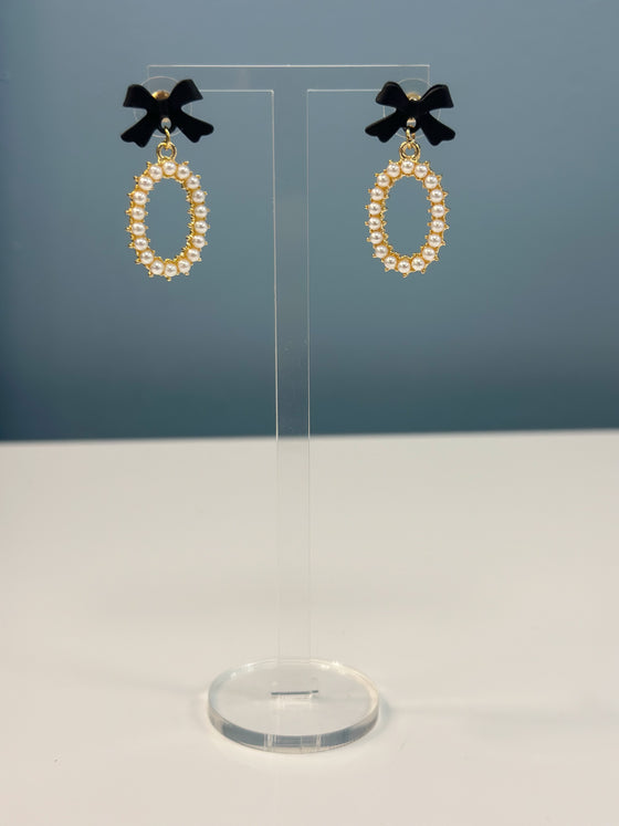 Black Bow & Pearl Mini Dangle Earrings